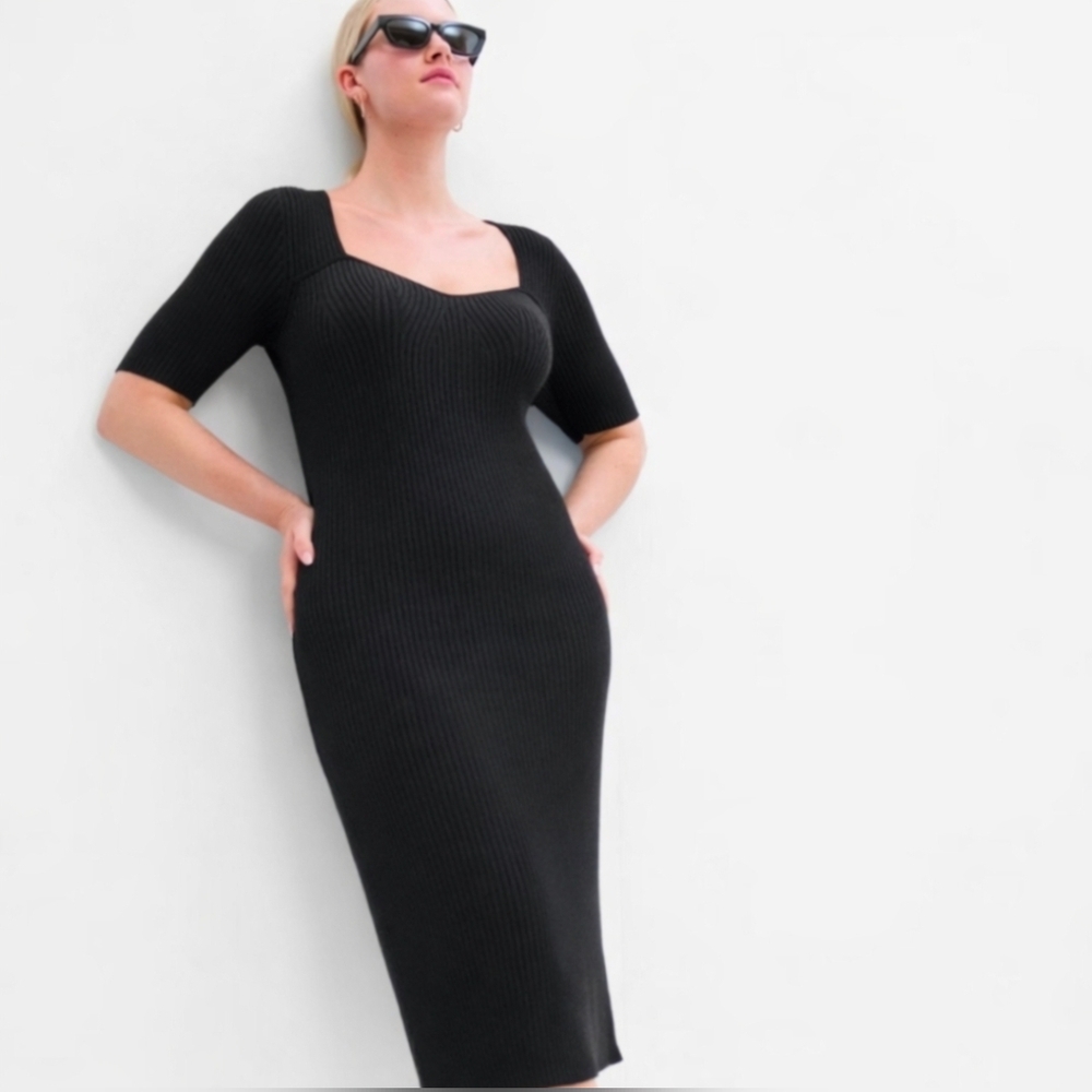 Gap Sweatheart Midi Dress Black Ribbed Like New Stretchy Large LIKE NEW